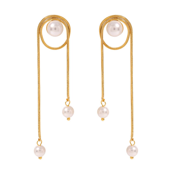 Wholesale Stainless Steel Pearl Tassel Pendant Earrings With Geometric Design And Electroplating For Women