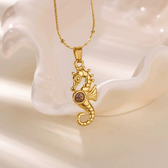 Wholesale Stainless Steel Pendant Necklace With Crab Seahorse Shell Design And Dripping Oil Style 18K Gold Plated