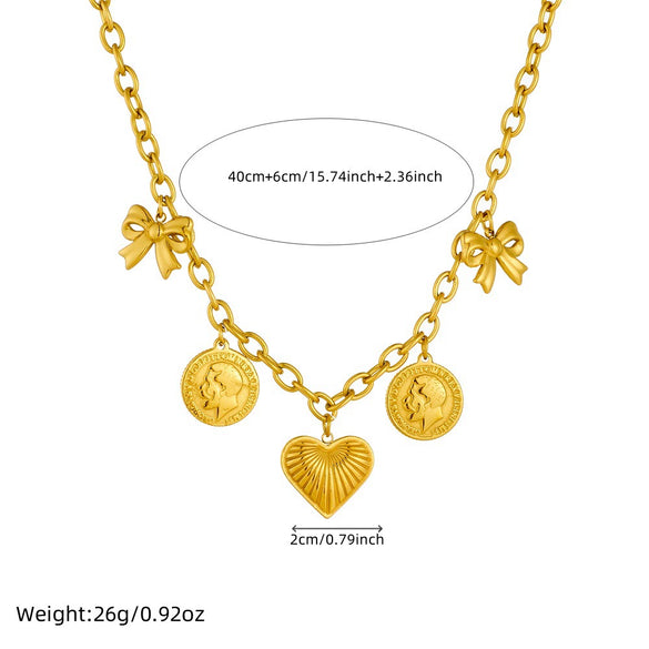 Wholesale Stainless Steel Pendant Necklace With Goldplated Ochain Retro Heavy Industry Style Bow And Heart Shape Design
