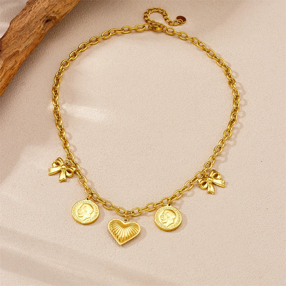 Wholesale Stainless Steel Pendant Necklace With Goldplated Ochain Retro Heavy Industry Style Bow And Heart Shape Design