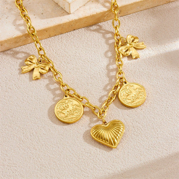 Wholesale Stainless Steel Pendant Necklace With Goldplated Ochain Retro Heavy Industry Style Bow And Heart Shape Design