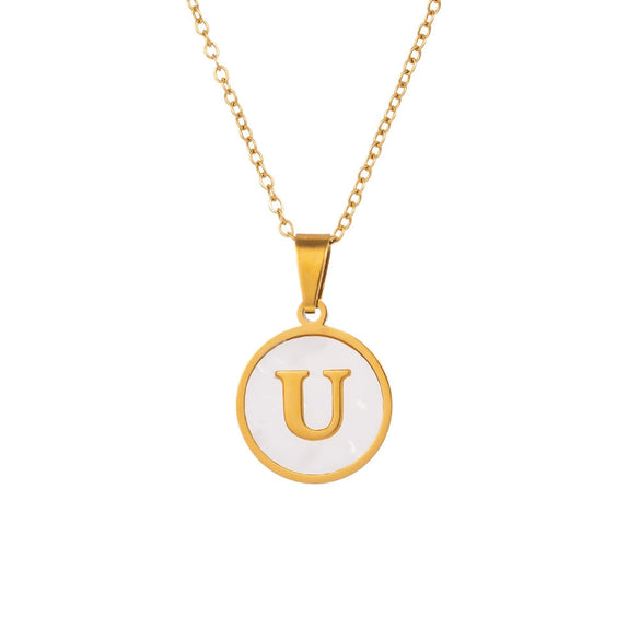 Wholesale Stainless Steel Pendant Necklace With White Shell Inlay Hammered Cross Chain For Women Featuring Letters Numbers Text Design With Polished Plating