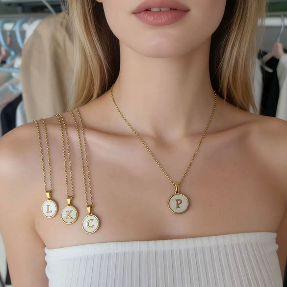 Wholesale Stainless Steel Pendant Necklace With White Shell Inlay Hammered Cross Chain For Women Featuring Letters Numbers Text Design With Polished Plating