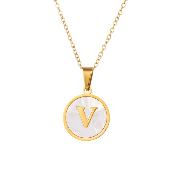 Wholesale Stainless Steel Pendant Necklace With White Shell Inlay Hammered Cross Chain For Women Featuring Letters Numbers Text Design With Polished Plating