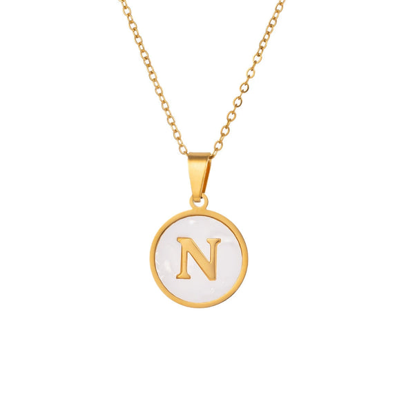 Wholesale Stainless Steel Pendant Necklace With White Shell Inlay Hammered Cross Chain For Women Featuring Letters Numbers Text Design With Polished Plating