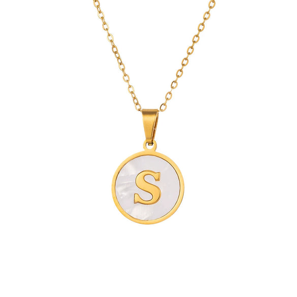 Wholesale Stainless Steel Pendant Necklace With White Shell Inlay Hammered Cross Chain For Women Featuring Letters Numbers Text Design With Polished Plating