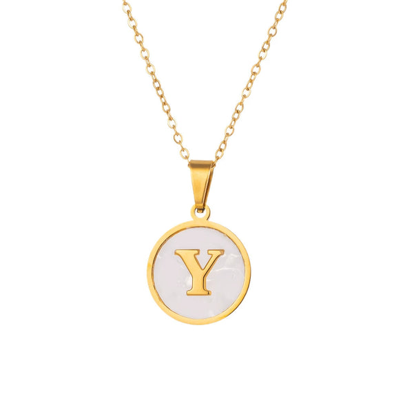 Wholesale Stainless Steel Pendant Necklace With White Shell Inlay Hammered Cross Chain For Women Featuring Letters Numbers Text Design With Polished Plating