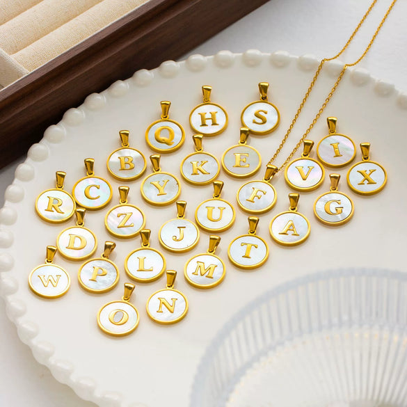 Wholesale Stainless Steel Pendant Necklace With White Shell Inlay Hammered Cross Chain For Women Featuring Letters Numbers Text Design With Polished Plating