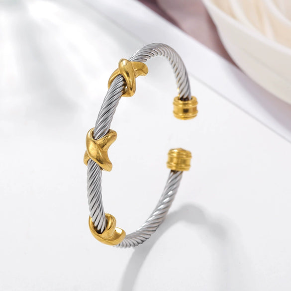 Wholesale Stainless Steel Personality Twist Wire Opening Adjustable Geometric Pattern Electroplated Bracelet