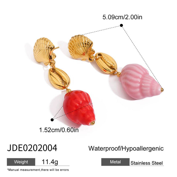 Wholesale Stainless Steel Pink Ceramic Conch Drop Shape Pendant Earrings With 18K Gold Electroplating For Women