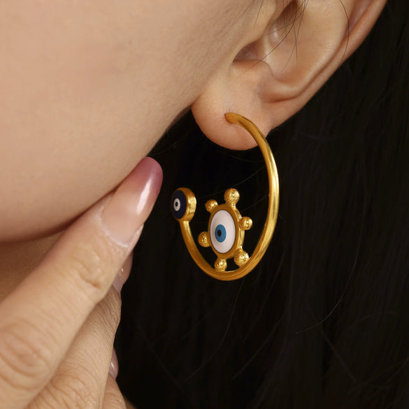 Wholesale Stainless Steel Plated 18K Gold Enamel Glaze Geometric Light Eyes C Ring Exaggerated Earrings For Women With Electroplating