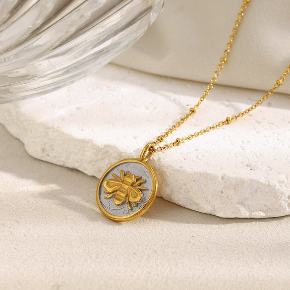 Wholesale Stainless Steel Plated 18K Gold Geometric Bee Coin Pendant Clip Bead Chain Women's Necklace
