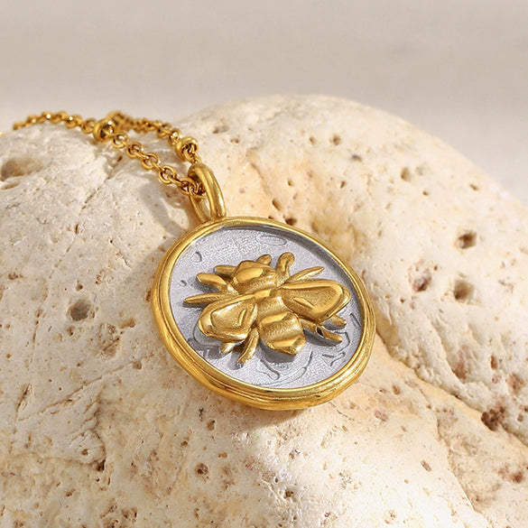Wholesale Stainless Steel Plated 18K Gold Geometric Bee Coin Pendant Clip Bead Chain Women's Necklace