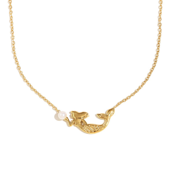 Wholesale Stainless Steel Plated 18K Gold Imitation Pearl Mermaid Pendant Necklace And Bracelet For Women With Geometric Design And Electroplating Process