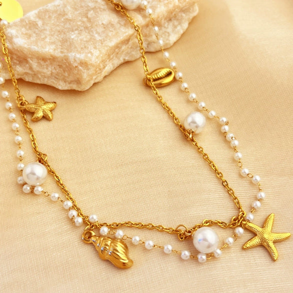 Wholesale Stainless Steel Plated 18K Gold Pearl Star U Shape Pendant Necklace With Vintage Style
