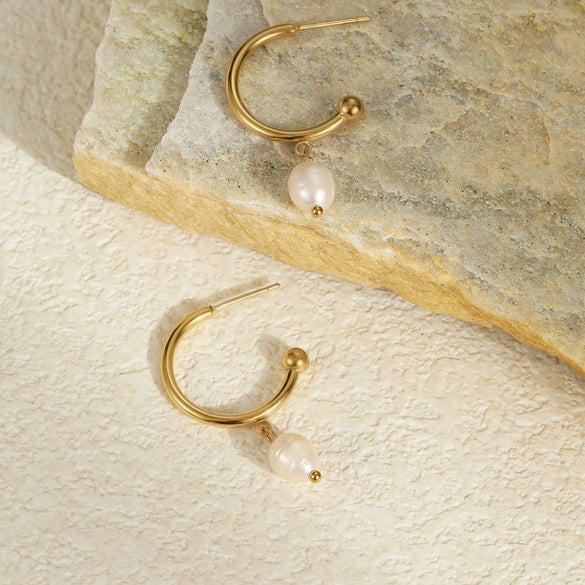 Wholesale Stainless Steel Plated Real Gold Natural Freshwater Pearl Geometric Earrings For Women