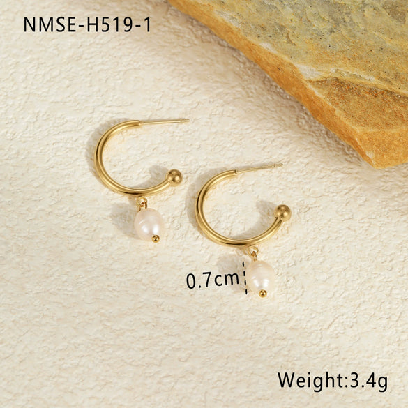 Wholesale Stainless Steel Plated Real Gold Natural Freshwater Pearl Geometric Earrings For Women