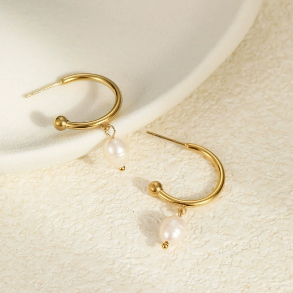 Wholesale Stainless Steel Plated Real Gold Natural Freshwater Pearl Geometric Earrings For Women