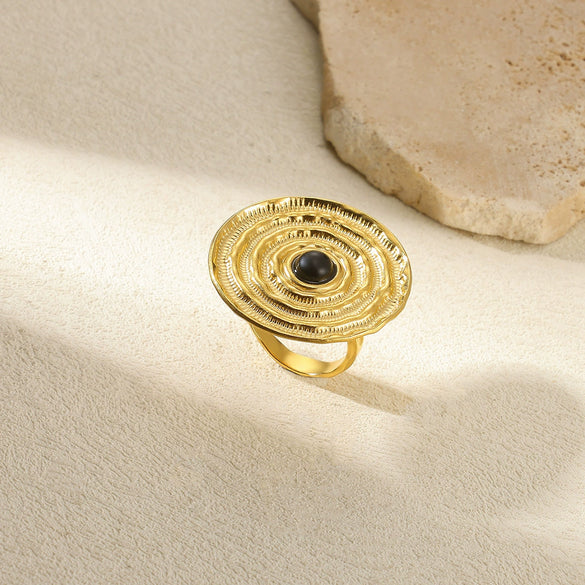 Wholesale Stainless Steel Pleated Geometric Glossy Ring With Sunflower Design And Electroplating