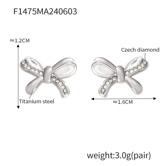 Wholesale 316L Stainless Steel Pleated Zircon Bow Geometric Women's Earrings Pvd Plated 18K Real Gold Light Luxury Style