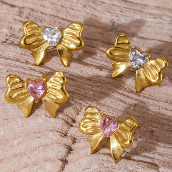 Wholesale 316L Stainless Steel Pleated Zircon Bow Geometric Women's Earrings Pvd Plated 18K Real Gold Light Luxury Style