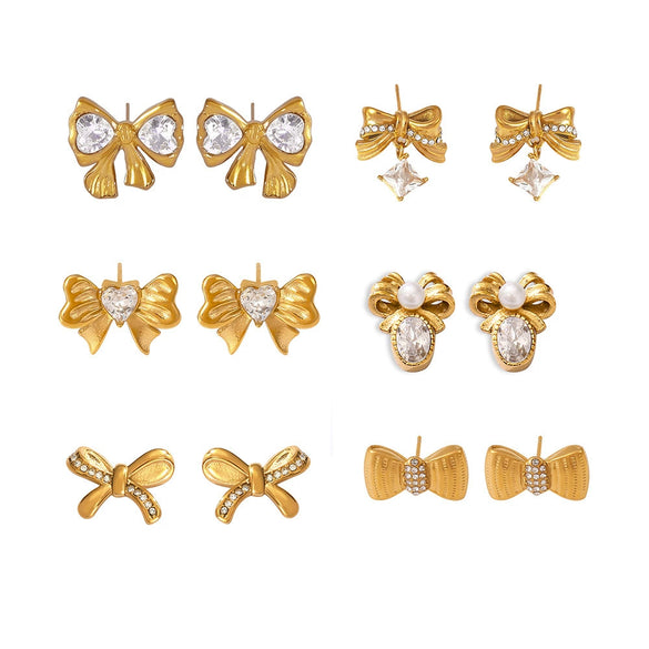 Wholesale 316L Stainless Steel Pleated Zircon Bow Geometric Women's Earrings Pvd Plated 18K Real Gold Light Luxury Style