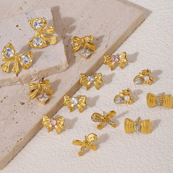 Wholesale 316L Stainless Steel Pleated Zircon Bow Geometric Women's Earrings Pvd Plated 18K Real Gold Light Luxury Style