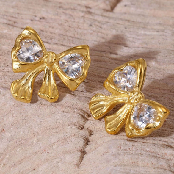 Wholesale 316L Stainless Steel Pleated Zircon Bow Geometric Women's Earrings Pvd Plated 18K Real Gold Light Luxury Style