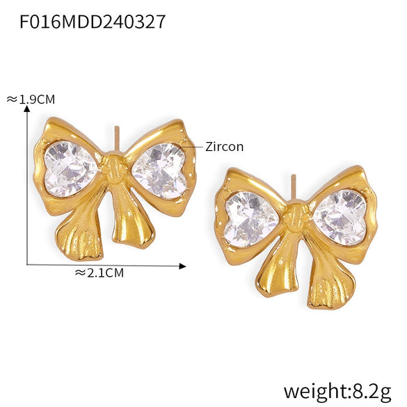 Wholesale 316L Stainless Steel Pleated Zircon Bow Geometric Women's Earrings Pvd Plated 18K Real Gold Light Luxury Style