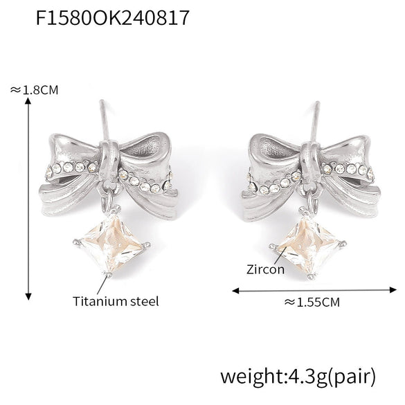 Wholesale 316L Stainless Steel Pleated Zircon Bow Geometric Women's Earrings Pvd Plated 18K Real Gold Light Luxury Style