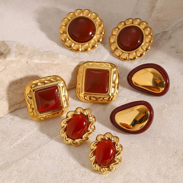 Wholesale Stainless Steel Red Agate Earrings With Zircon Geometric Style Electroplated For Women