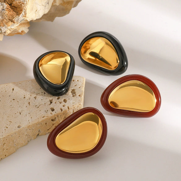 Wholesale Stainless Steel Retro Flat Round Red Geometric Earrings With Electroplating