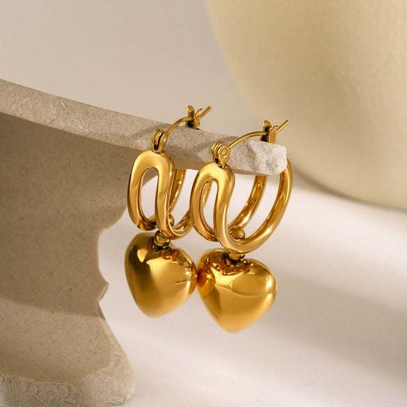 Wholesale Stainless Steel Retro Geometric Heart Sliding Pendant Earrings Vacuum Electroplated Jewelry For Women