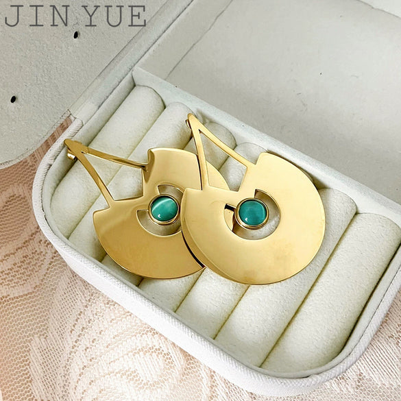 Wholesale Stainless Steel Retro Geometric Lines Emerald Long Earrings With Real Gold Electroplating