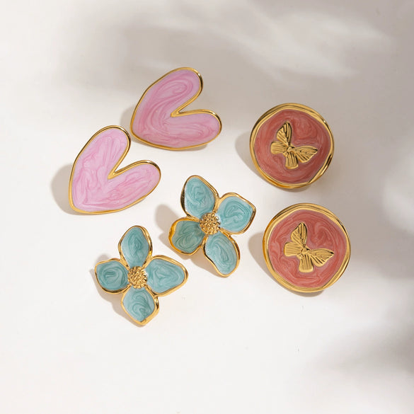 Wholesale Stainless Steel Retro Geometric Oil Drop Flower Earrings With Electroplating