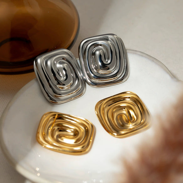 Wholesale Stainless Steel Retro Geometric Rectangular Spiral Vortex Shape Earrings Electroplating Jewelry