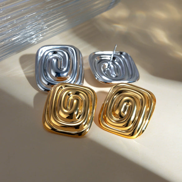 Wholesale Stainless Steel Retro Geometric Rectangular Spiral Vortex Shape Earrings Electroplating Jewelry