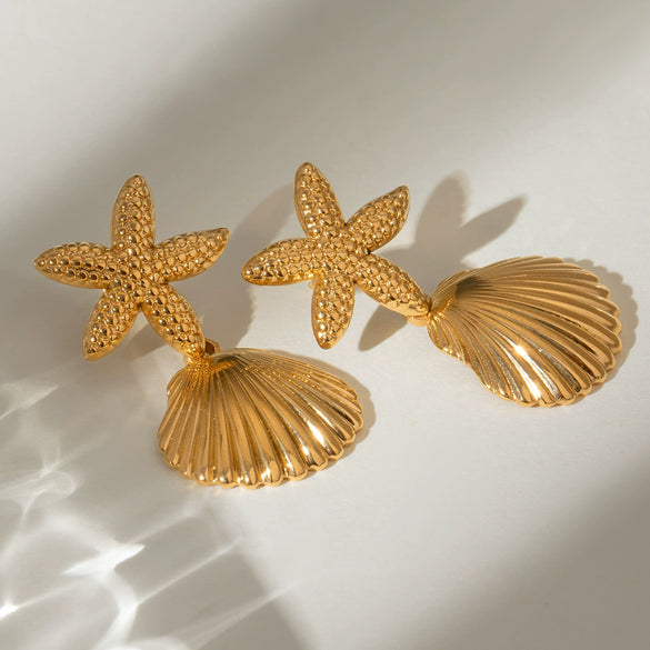 Wholesale Stainless Steel Retro Geometric Starfish Shell Pendant Earrings For Women Electroplated Jewelry