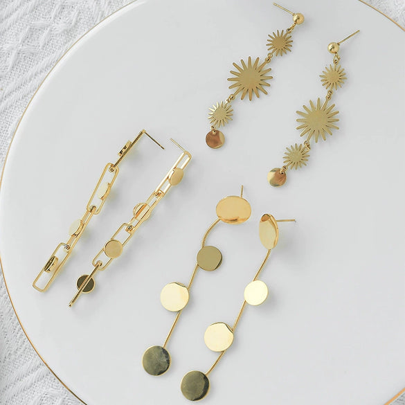 Wholesale Stainless Steel Retro Gold Round Tassel Geometric Women's Earrings With Electroplating