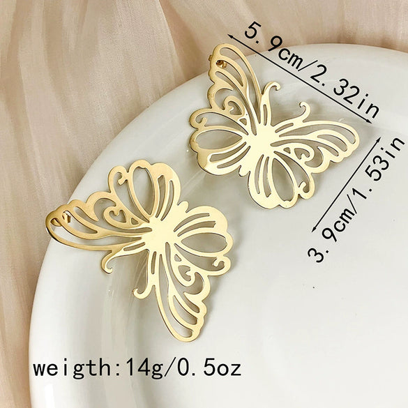 Wholesale Stainless Steel Retro Hollow Butterfly Design Heavy Industry Electroplated Real Gold Women's Earrings