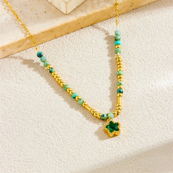 Wholesale Stainless Steel Retro Ink Beaded Gold Interval Diamond Fivepointed Star Pendant Necklace For Women With Electroplating
