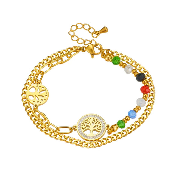Wholesale Stainless Steel Retro Irregular Chain Round Tree Of Life Colorful Beaded Double Layer Women's Bracelet Electroplated