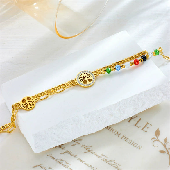 Wholesale Stainless Steel Retro Irregular Chain Round Tree Of Life Colorful Beaded Double Layer Women's Bracelet Electroplated