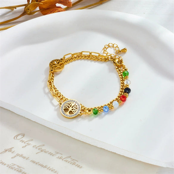Wholesale Stainless Steel Retro Irregular Chain Round Tree Of Life Colorful Beaded Double Layer Women's Bracelet Electroplated