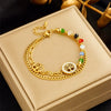 Wholesale Stainless Steel Retro Irregular Chain Round Tree Of Life Colorful Beaded Double Layer Women's Bracelet Electroplated