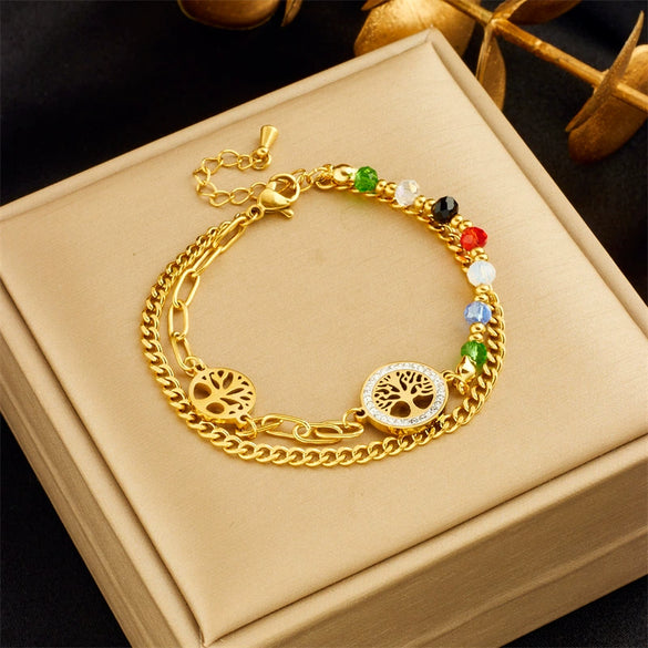 Wholesale Stainless Steel Retro Irregular Chain Round Tree Of Life Colorful Beaded Double Layer Women's Bracelet Electroplated