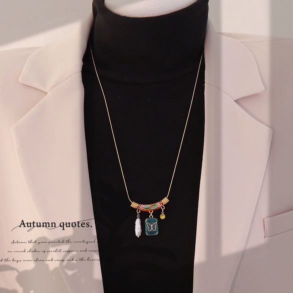 Wholesale Stainless Steel Retro Oil Drop Love Butterfly Heart Shape Pendant Necklace