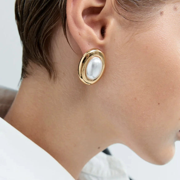 Wholesale Stainless Steel Retro Pearl Earrings For Women Geometric Electroplated