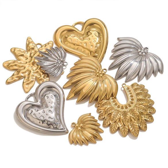 Wholesale Stainless Steel Retro Style Embossed Texture Gold Pendant Set With Flower Heart Fanshaped And Leaf Shapes Electroplated Diy Jewelry Accessories