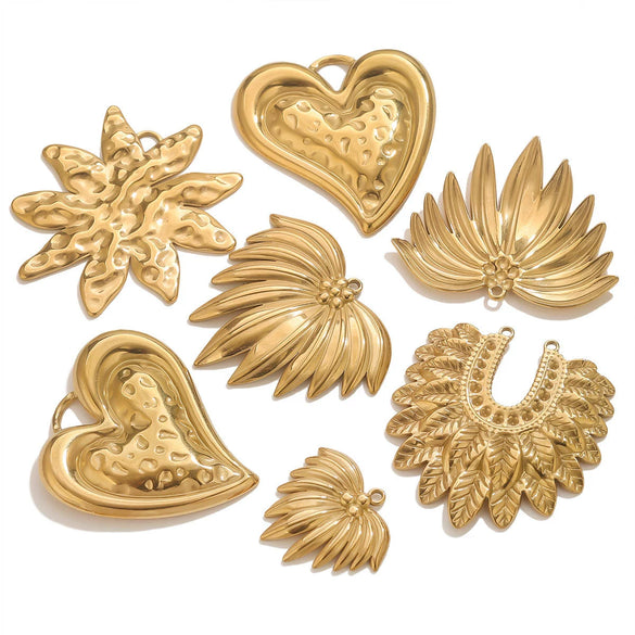 Wholesale Stainless Steel Retro Style Embossed Texture Gold Pendant Set With Flower Heart Fanshaped And Leaf Shapes Electroplated Diy Jewelry Accessories